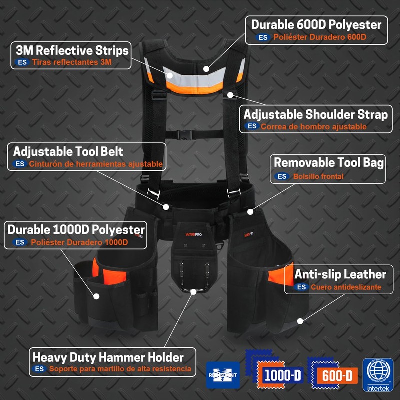 WISEPRO Tool Belt with Suspenders, Heavy Duty Adjustable Detachable Electrician