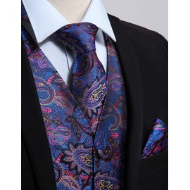 Enlision Men's Paisley Floral Wedding Party Jacquard Waistcoat&Necktie and Pocket Square Vest Suit Set, Blue & Pink, L(Chest size 46inches)