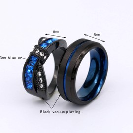 ringheart Two Rings Couple Rings Black and Blue Plated Titanium Steel 8mm Mens Wedding Band Blue Cz Womens Wedding Ring