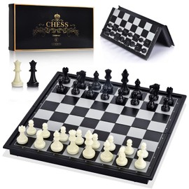 OkidSTEM Magnetic Travel Chess Set with Folding Games Board and 2 Extra Queens & Storage Bag for Kids and Adults (Black & White)