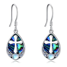 YONFQE Abalone Shell Cross Earrings Sterling Silver Drop Dangle Moonstone Jewelry Gift for Women Girls