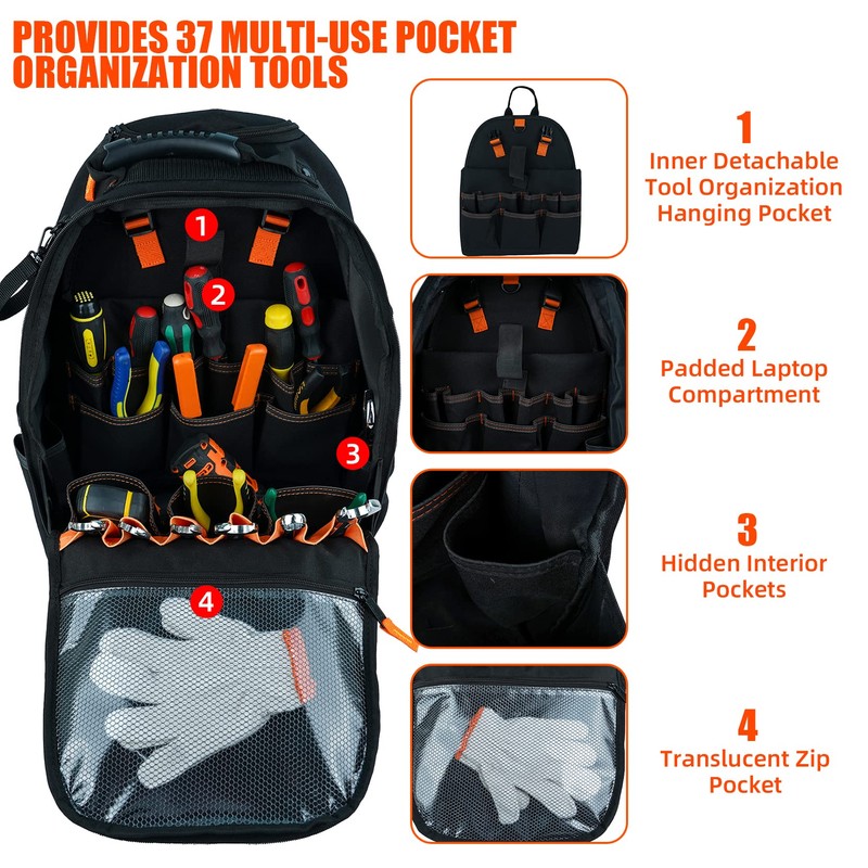 KUNN Rolling Tool Bag 37Pockets Wheeled Tool Backpack with Widen