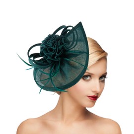 dressfan Fascinator Hat Headpiece Womens Vintage Wedding Headband Derby Hat,20s 50s Mesh Feather Flower Hair Clips Headwear for Derby/Wedding/Cocktail/Tea Party,MS1342-Dark Green