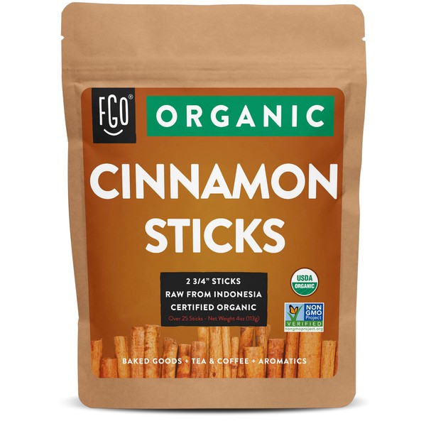 FGO Organic Korintje Cinnamon Sticks, 100% Raw from Indonesia, 25+ Sticks 2 3/4" Length (Pack of 1)