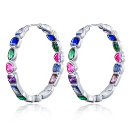 JSGEMSLEE Creole Earrings with White Gold Plated Colourful Zirconia Hoop Earrings Colourful Rainbow Hoop Earrings for Women, Silver