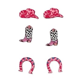 Western Cowgirl Earring Set, 3 Pairs, Pink Heart Print Hat, Cow Print Boots, Lucky Horseshoe Design