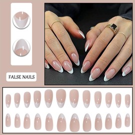 French Tip False Nails - 24pcs Medium Almond Press on Nails - Full Cover Fake Nail Tips with Glue - Acrylic Nails Glossy Nude with White Tips Designs for Women Nail ART Manicure Decoration
