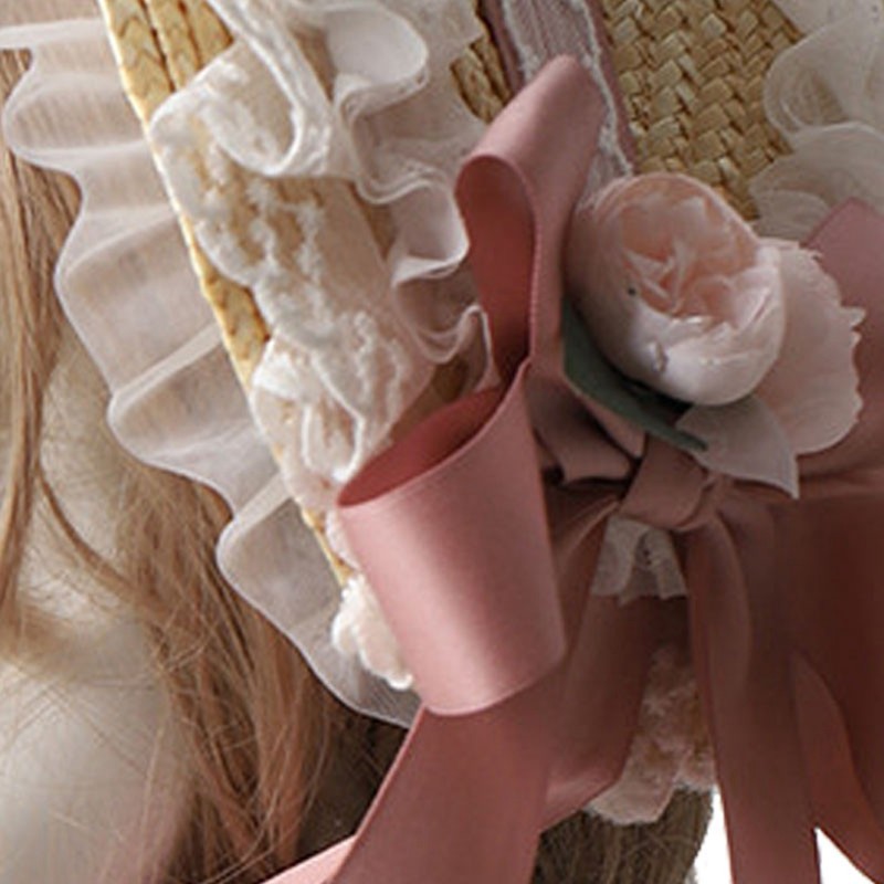 Tea Party Sun Hat Straw Plaited Lace Ribbon Tie Flowers