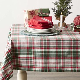 DII Yuletide Plaid Christmas Collection Holiday Dining Table Linen, Tablecloth, 70" Round, Forest Green & Maroon