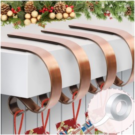 Esjay Christmas Stocking Holder for Fireplace, Set of 4 Stocking Hangers and a Double-Sided Nano Tape, Adjustable Non-Slip Mantle Stocking Hooks(Red Bronze)