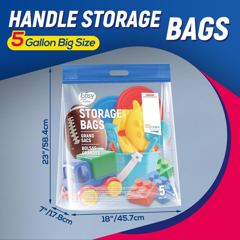 EASYYOURHOME 5PCS 5 Gallon Zipper Lock Plastic Bags with Handle