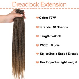 Mscat 24 Inch Synthetic Dreadlock Extensions 10 Strands 0.6 cm Width Single Ended Crochet Dreads Reggae Style Braiding Hair Ombre Brown Handmade Loc Extensions