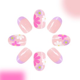 Spring Flower Press on Nails Short Fake Nails, French Tip Press on Glue on Nails Summer Nail Art Decoration Glossy Full Cover Acrylic False Nails Short Oval Stick on Nails for Women 24Pcs