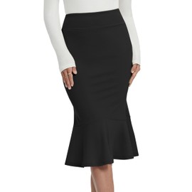 SLOWCOLIN Women's Pencil Skirt Stretchy High Waist Office Work Bodycon Fishtail Skirt with Ruffle Hem Midi Length (US, Alpha, Medium, Regular, Regular, Black)