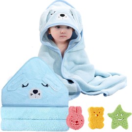 HoaaiGo Baby Bath Towels with 3 Bath Sponges, Soft Baby Bath Towel, Child Hooded Towel, Super Absorbent, Baby Washcloth Towels with Cute Ears for Newborns / Toddlers 0-3 Years (Puppy)