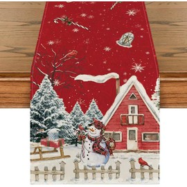 Red Christmas Table Runner Snowflake Snowman Table Runner Winter Seasonal Winter Kitchen Table Decoration Indoor Holiday Party Decor 33 x 183 cm