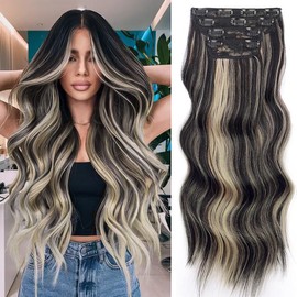 Vigorous Clip in Hair Extensions Long Wavy Synthetic Hairpieces,Natural & Soft Hair & Blends Well Hair Extensions,Easy to Wear for Women Girls Daily Use Event Party Use:_2/18 Black mix Blonde （24inch）_4PCS(24inch)