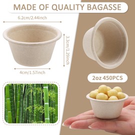 450 Pcs Bagasse Fiber Souffle Cups, 2 oz Beige Mini Disposable Condiment Cups, Small Sauce Portion Bowls for Dipping, Snack, Dessert Storage