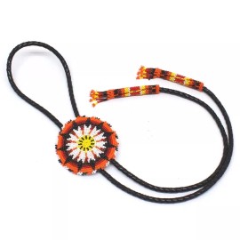 BeadsCorner Handmade Beaded Orange Sunburst Leather Bolo Tie