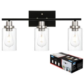 MELUCEE Modern Bathroom Lighting with Clear Glass Shade, 3-Light Black Vanity Light Wall Mount Lamp for Bedroom Vanity Table Bathroom Dressing Table, Brushed Nickel Socket (Patent No.: US D963914 S)