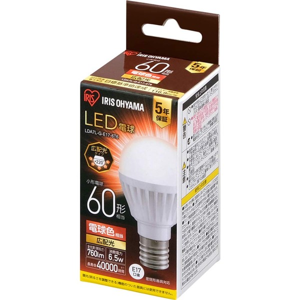 Iris Ohyama LDA7L-G-E17-6T6 LED Bulb, Base Diameter: 0.7 inches (17 mm), Wide Light Distribution, 60 W-Equivalent, Incandescent Color, Compatible with Enclosed Fixtures