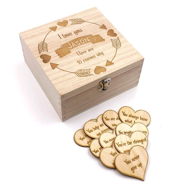 10 Reasons why I Love You Wooden Box and Hearts Gift Personalised