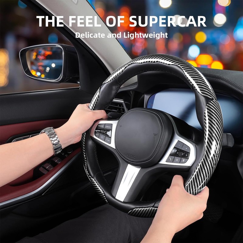 Car Steering Wheel Cover, 3 Piece Bright Carbon Fiber Steering