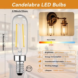 TJOY E12 Candelabra LED Bulb, 60W Equivalent Dimmable 2700K Soft Warm White, Small Base T6 Clear Edison Bulb 5.5W Vintage T25 Decorative for Chandelier Ceiling Fan Wall Sconce, 600lm, 12packs