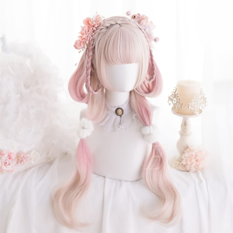 Eileen Long Curls, Beige x Pink Wig, Perm, Full Wig,