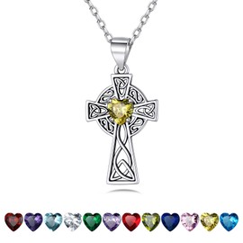Bestyle Women Sterling Silver Yellow Topaz Stone Necklace Irish Cross Pendant Necklace with November Birthstone Jewellery for Birthday Gift