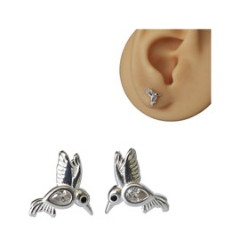 Hummingbird Clear and Black CZ Cubic Zirconia Stone, Pair, 925 Sterling Silver Small Studs for Women, Cartilage Earring, Tarnish & Water Resistant, By MiYa Jewelry Creations