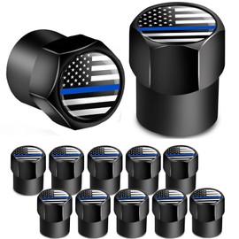 Dsycar 12 Pack Tire Stem Valve Caps Black, Thin Blue Line American Flag Hexagon Shape Design, Premium Metal Aluminum Rubber Seal Tire Valve Stem Caps ,Universal fit (Mini - Black Blue USA)