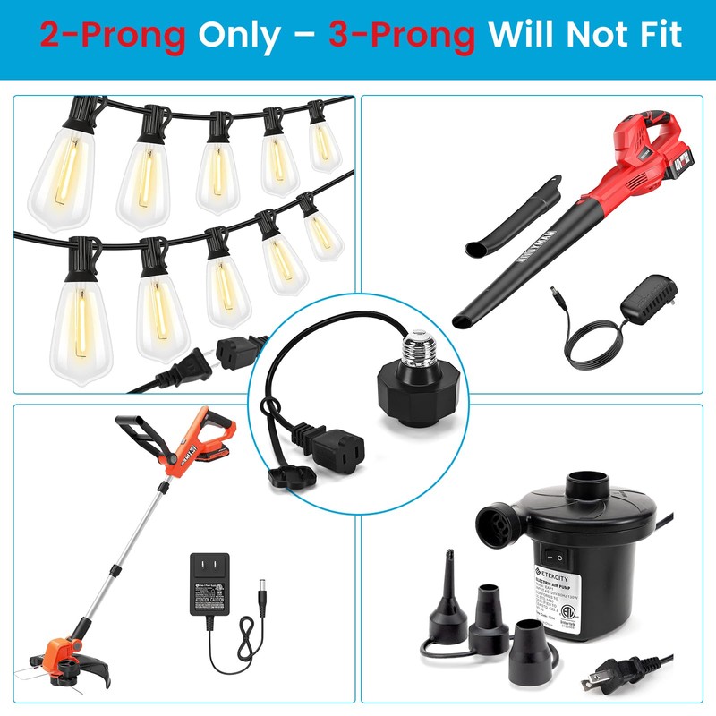 E26 Socket to AC Outlet Power Adapter, 2-Prong Plug Light