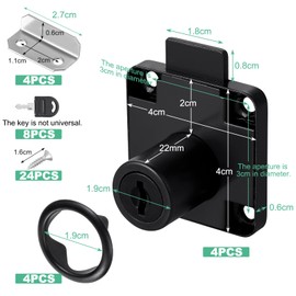 Faankiton 4 Sets Security Drawer Locks, Security Cam Lock 22mm, Black Cold Rolled Steel Security Cabinet Lock, Furniture Lock, Cylinder Security Cupboard Cabinet Locks with 8 Keys and Screws (Black)