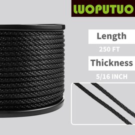 5/16 Inch × 250 FT Black Polyester Solid Braid Rope – UV & Abrasion Resistant, Low Stretch, Multipurpose for Flagpole Halyard, Clothesline, Camping, and Utility Tasks