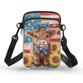 Xpyiqun American Flag Mini Crossbody Bags for Women Cute Highland Cow Travel Purse Wallet Sunflower Womens Small Trendy Messenger Bag Canvas Shoulder Handbags Sling Zipper Pockets Phone Pouch