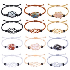 WEWAYSMILE 12 Pcs Empty Crystal Bracelet Holder Adjustable Stone Cage Cord Nylon Braided Netted Holder Crystal Bracelets Cord for DIY Bracelet Making 6 Colors(Single Net Design
