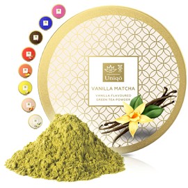 Tea Uniqo - Vanilla Matcha Powder - Ideal for Ice, Latte, Shakes, for Baking, Cooking or Pure Drinking - Green Tea Powder with Vanilla Flavour, 100% Natural in Resealable Tin