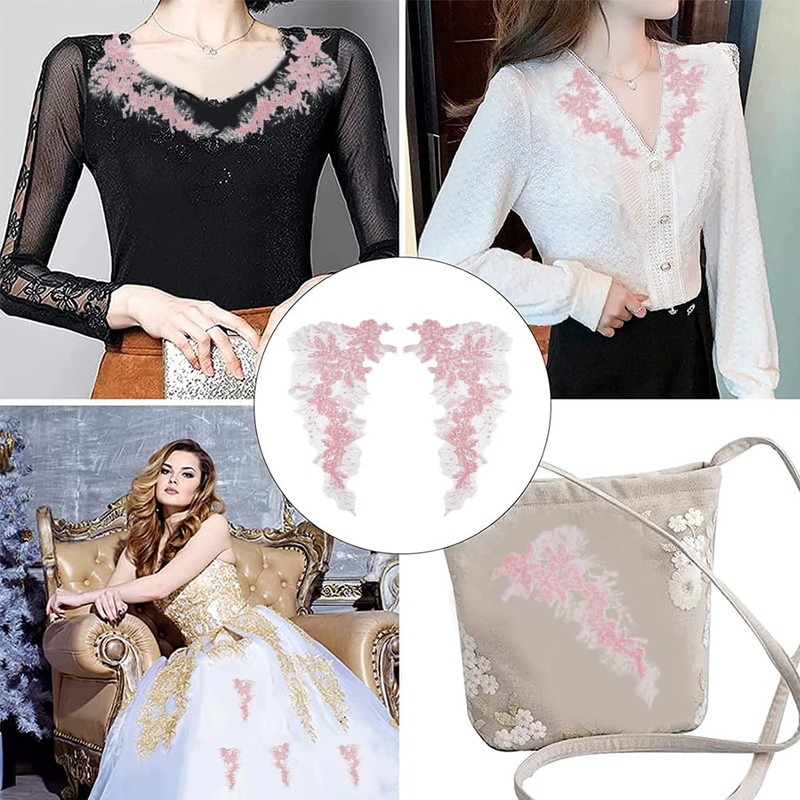 GORGECRAFT 2Pcs 3D Flower Lace Appliques Pink Sequins Embroidered Lace