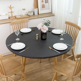 Round Vinyl Fitted Tablecloth with Flannel Backing Elastic Table Cloth Waterproof Oil-Proof Plastic Table Cover (Black, Large Round Fits Table up 45"-56" Diameter)