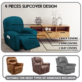 ULTICOR 4-Piece, 1 Seat Recliner Cover, Velvet Stretch Reclining Chair Covers for 1 Cushion Reclining Sofa, Single Seat Recliner Couch Cover, Thick, Very Soft, Machine Washable (Deep Teal)