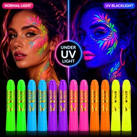 12 Pack UV Neon Face & Body Paint Sticks, Vibrant Black Light Reactive Colors for Halloween, Rave Parties, Festivals, Cosplay Makeup & Body Art, Easy Apply Washable Formula(12color stick)