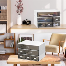 QWORK Desk Organizer - 3-Tier Stackable Storage Drawers with 6 Compartments, Bathroom Organization Boxes for Makeup, Jewerly, Bathroom Accessories, Office Supplies (White)