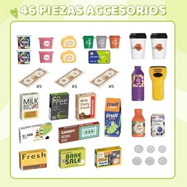 Nasjac 48PCS Juguete de Caja Registradora de Cafetera Puede, 3-en-1 Juego De Simulación Cajero con Sonido y luz simulada, con Mesa de Postres, Juguete