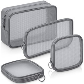 4 Pcs Mesh Makeup Bag Mesh Cosmetic Bag Travel Toiletry Bag Pouch with Zipper Mini Portable Makeup Cosmetic Travel Toiletry Purse Bag for Daily Toiletries Accessories (Gray, Small, Large, Medium)