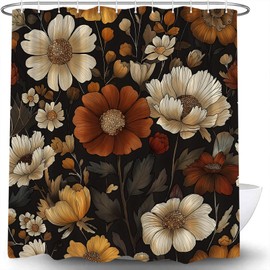 JWJAMM Boho Floral Botanical Shower Curtain, Mid Century Morden Vintage Abstract Boho Flowers Tropical Leaves Chic Aesthetic Retro Black Orange Bath Curtains with Hook,70x70 Inch