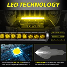 20 Inch Amber Light Bar Kit, AKD Part 105W Slim Single Row LED Light Bar w/Wiring Harness Black Cover Spot Flood Combo Off Road Driving Light Bumper Grill Light for Truck Pickup SUV UTV ATV