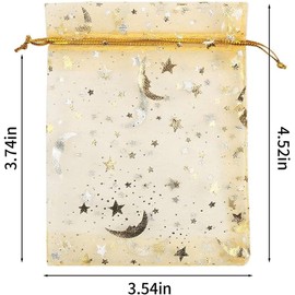 KIMOBER 100pcs Organza Gift Bags,Golden Star and Moon Gift Wrap Bags with Drawstring Small Mesh Bags for Wedding Jewelry Baby Shower Party Favour Supply,3.5 X 4.7 Inch,Golden Star and Moon