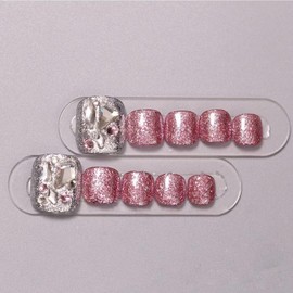 BIBII Nails Nail Set, Handmade Nail Tip, Foot Nail, Pink, 3D Floral Pattern, Spring and Summer, Korean Fashion, Handmade, 10 Pieces, Cat Eye Magnet, 100% Handmade, Reusable, Glitter, Cute, Simple,