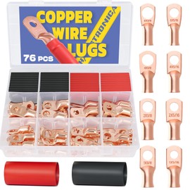 haisstronica 76PCS Copper Wire Lugs with Heat Shrink Tube 3:1 Kit(AWG 6 4 2 1),Heavy Duty Battery Cable End,Bare Copper Crimp Connectors,Eyelets Tubular Ring Terminals